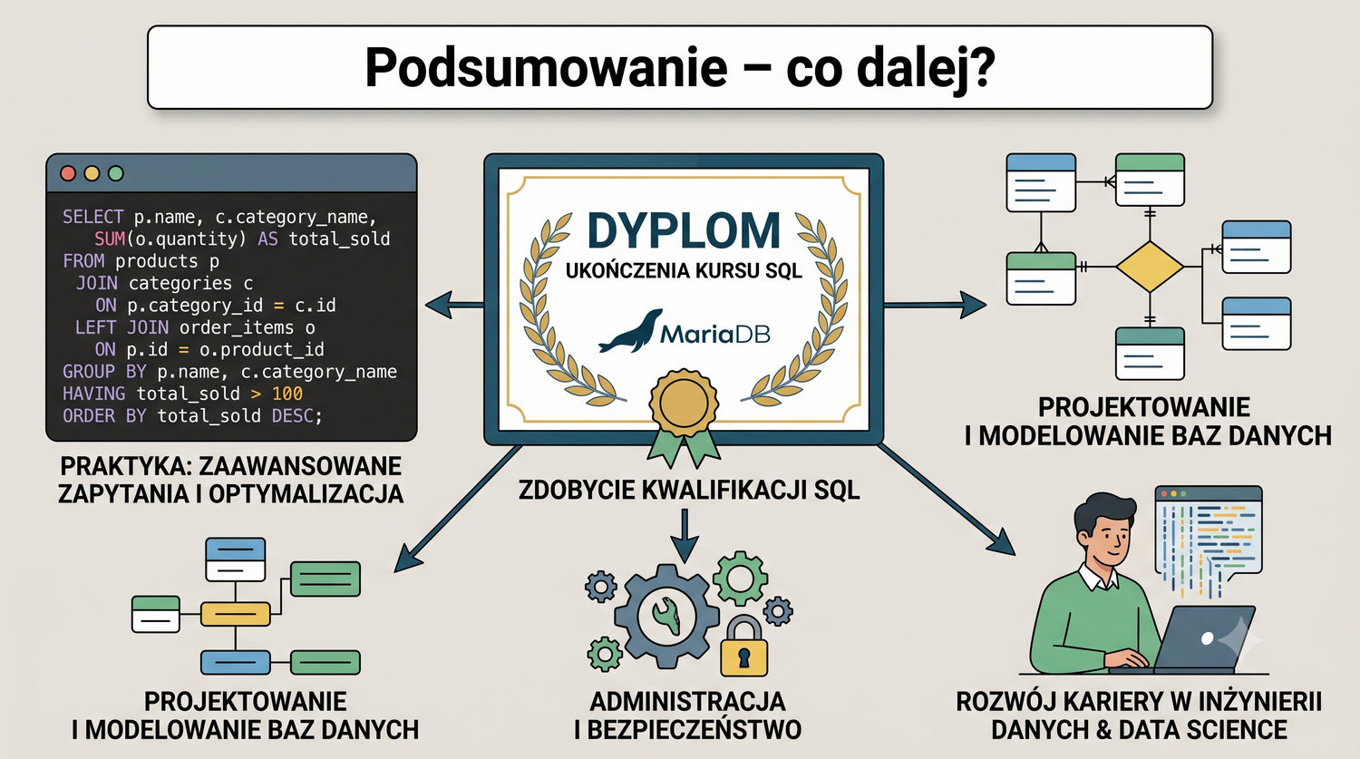 Dyplom ukończenia kursu SQL – logo MariaDB i napis 